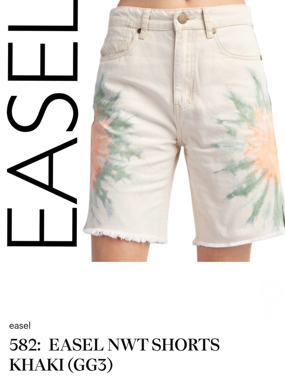 EASEL NWT CREAM KHAKI DENIM SHORTS WITH BOHO GREEN & PEACH TIE-DYE_SZ SM